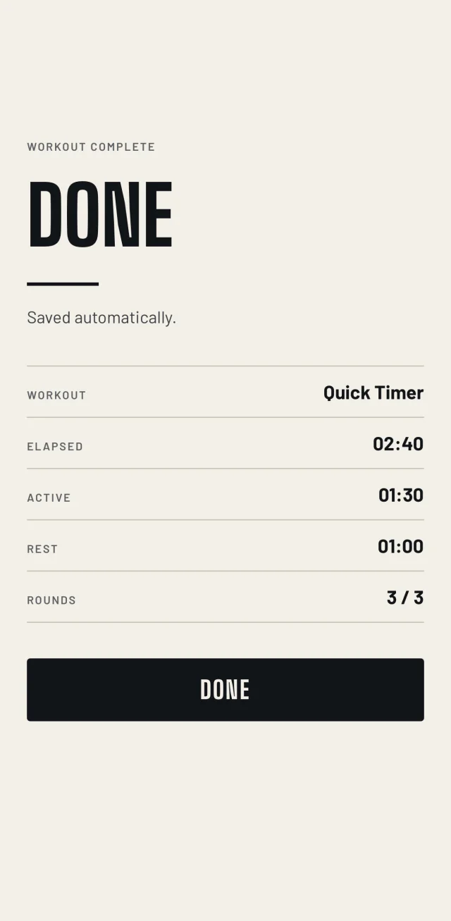 The end of a completed workout, reading DONE, with elapsed, active, rest and round totals.