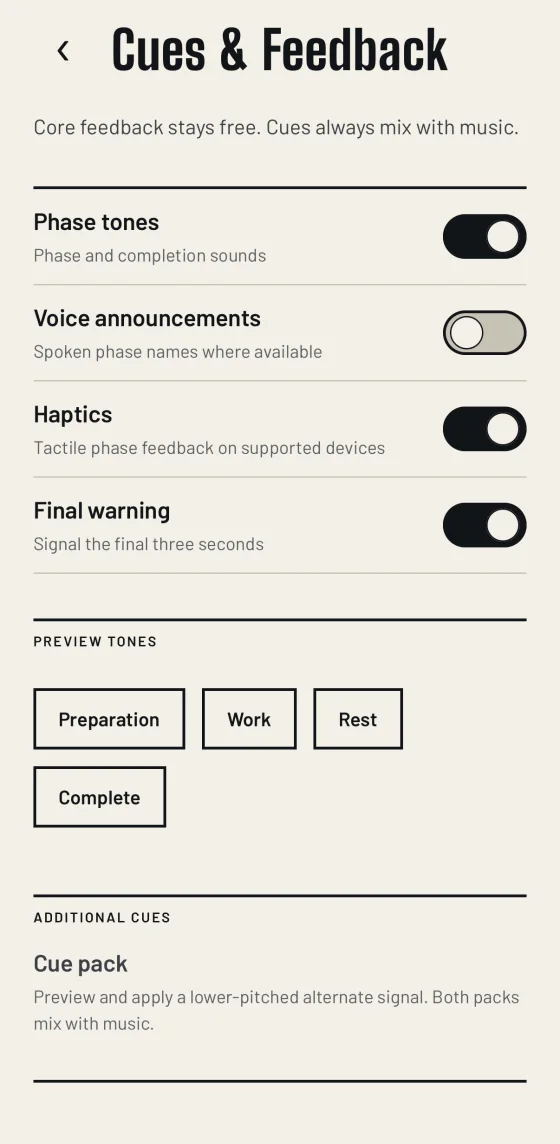 Cue settings, with switches for phase tones, spoken phase names, haptics and a final warning.
