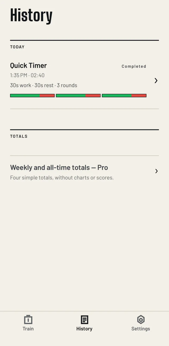 The History screen, listing a completed session with its time, structure and interval strip.