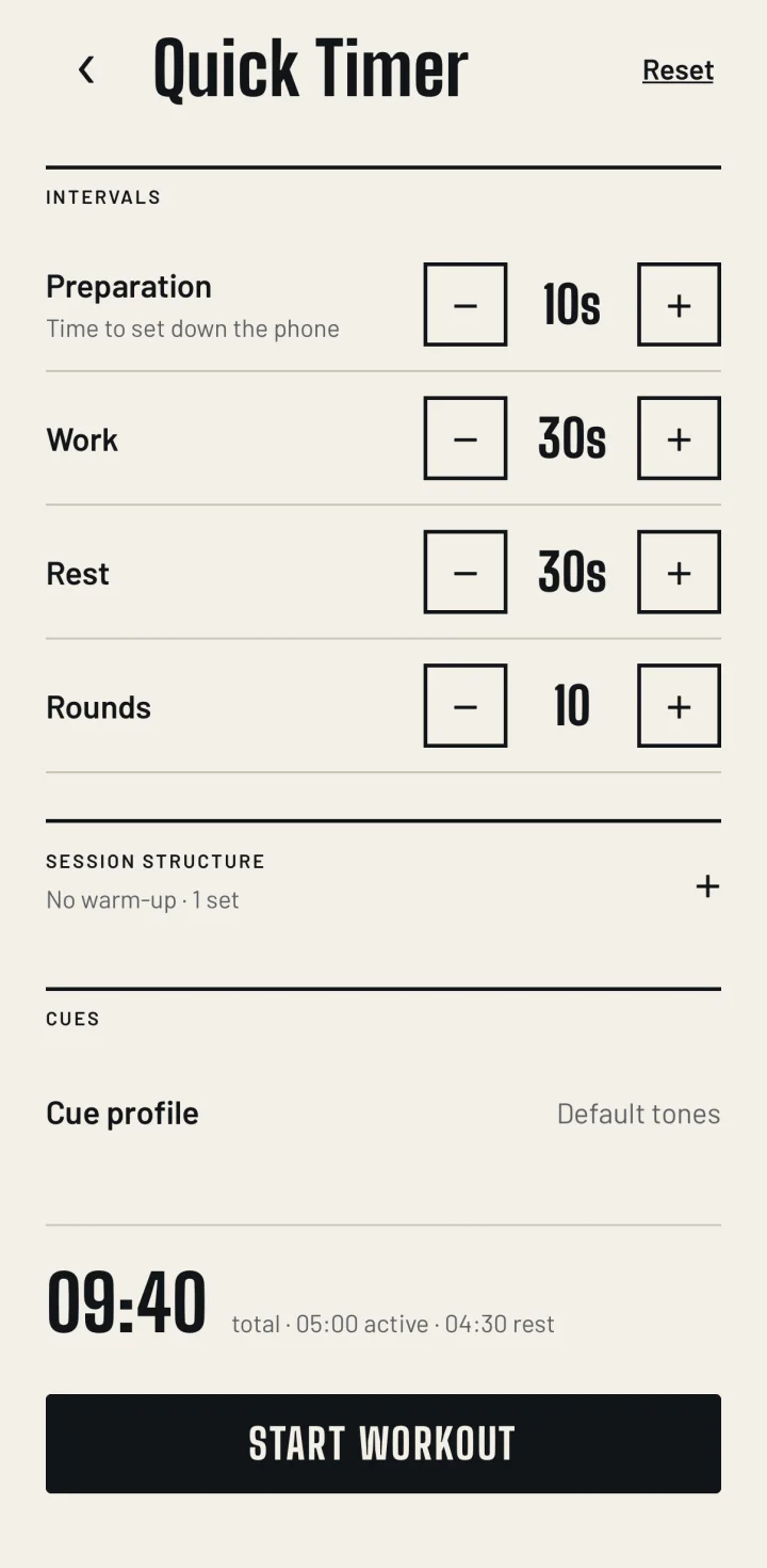 The Quick Timer editor, with steppers for preparation, work, rest and rounds and a running total of 02:40.