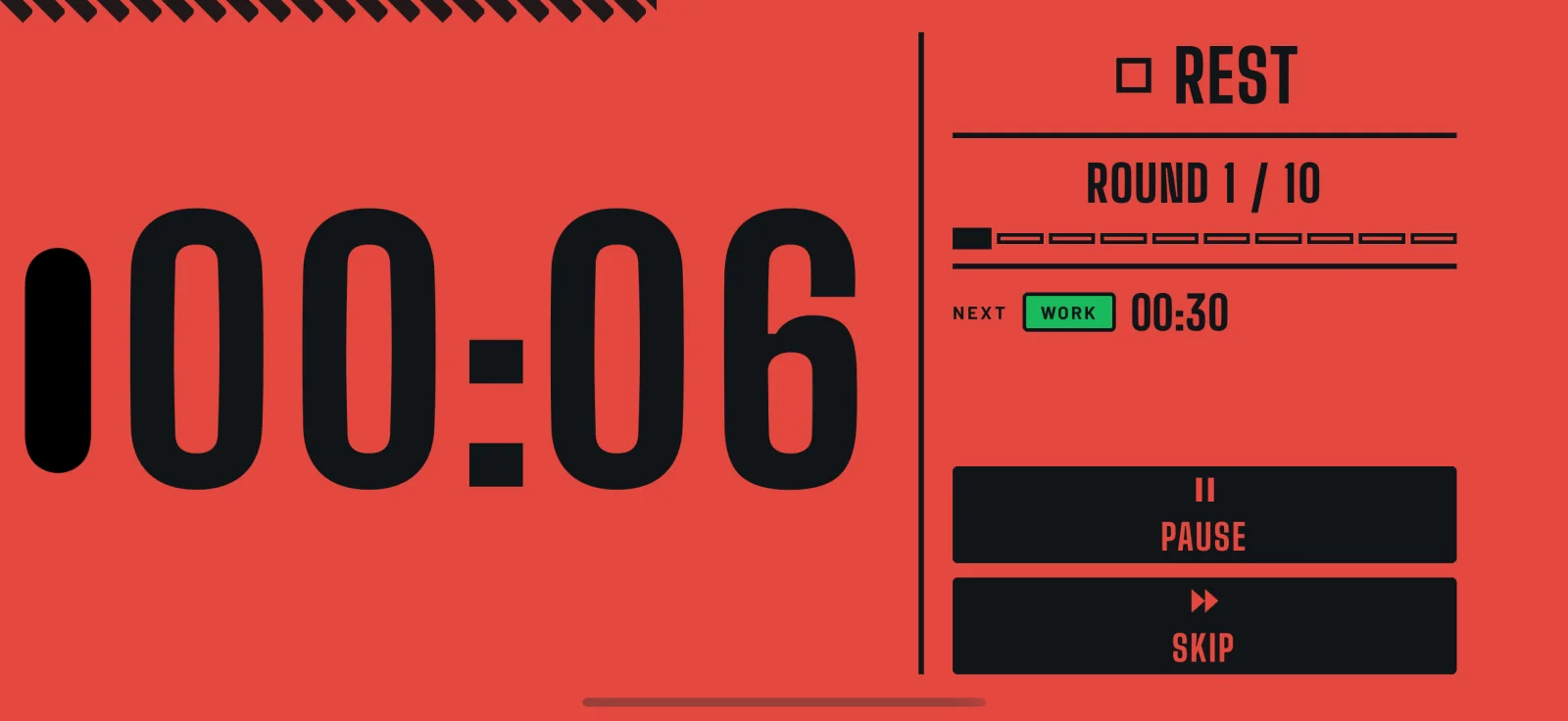 The active timer in landscape. The countdown fills the left of the screen, with the phase, round, next phase and transport controls stacked on the right.