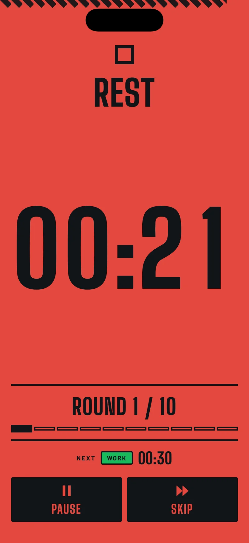 The active timer during a rest interval. The whole screen is red, with the word REST and a countdown.