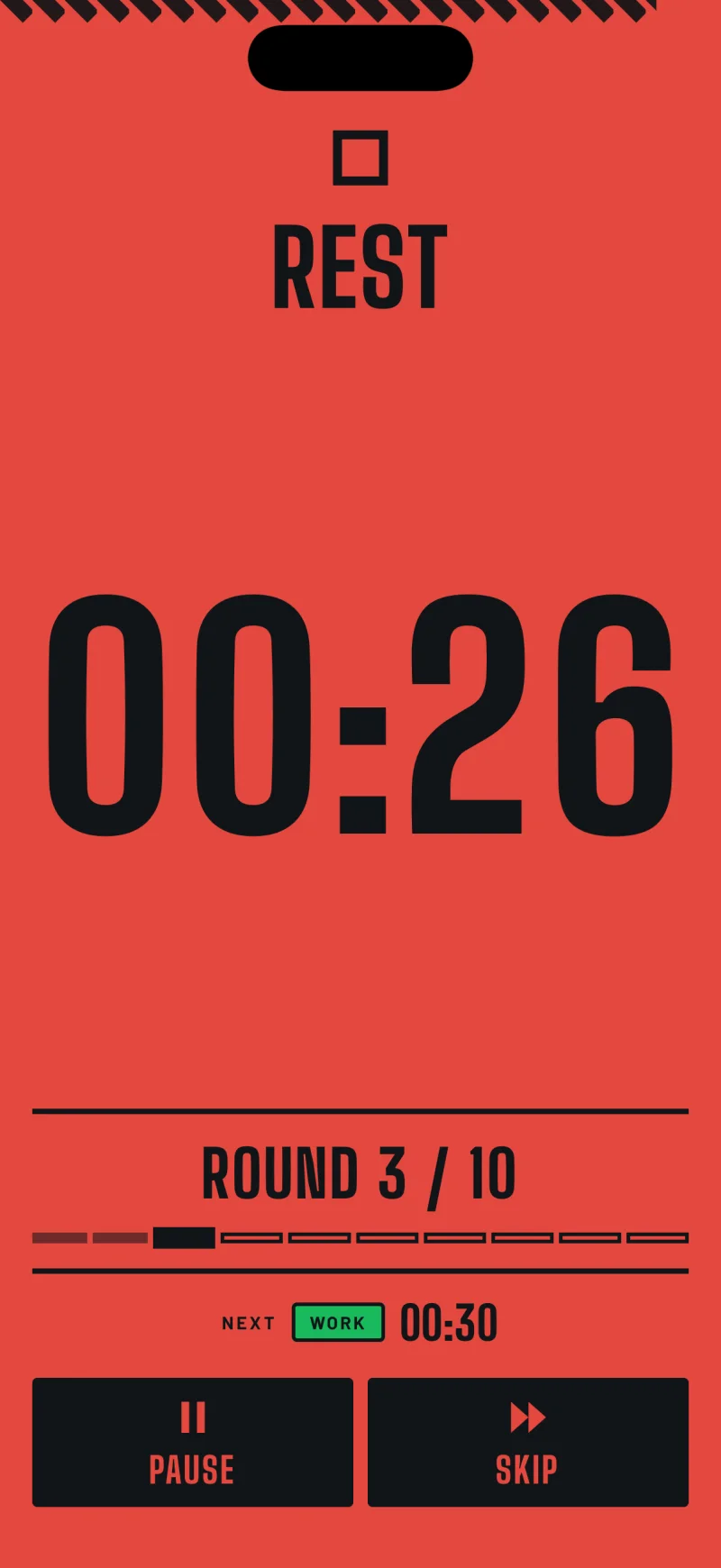 The active timer on round 3 of 10, with two round ticks filled, the third solid and the rest still outlined.