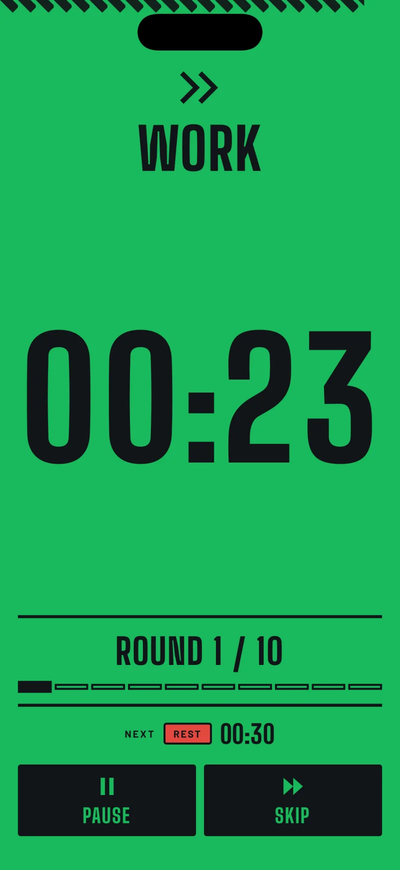 The active timer during a work interval. The whole screen is green, with the word WORK, a countdown reading 00:23 and ROUND 1 / 10 beneath it.